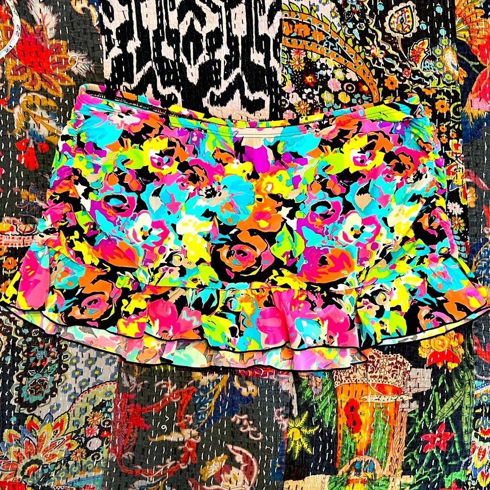 Kenneth Cole Reaction ruched ruffle edge bright floral swim skirt, 1X